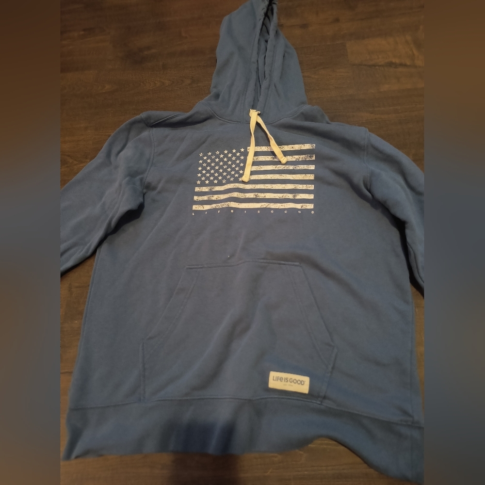 Good Human Blue Hoodie with American Flag Design
